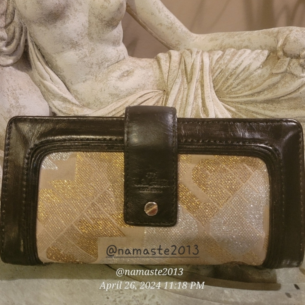 L.A.M.B. by Gwen Stefani Gold Glam Leather Fabric Wallet Designer Luxury #102